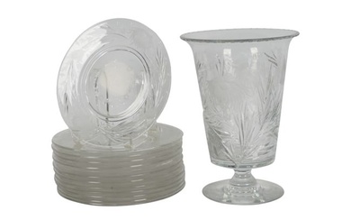 Hawkes Cut Glass Vase and 13 Plates