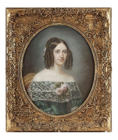 Henriette-Virginie DAUTEL (1803-?) Portrait d Elégante Pastel à vue ovale signé et daté en bas vers la droite 73 x 57 cm Beau cadre en bois et stuc doré