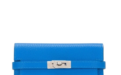 Hermès Bleu Hydra Kelly Depliant Medium Wallet of Chevre Leather with Palladium Hardware