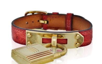 Hermes Kelly Stainless Steel Red Lizard Strap with Gold Tone Dial Watch