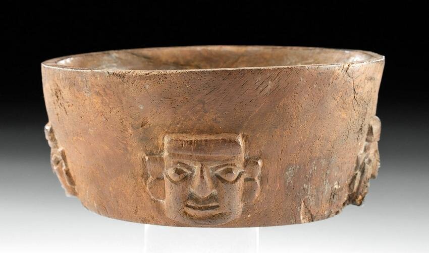 Huari Wood Bowl w/ Portrait Faces in Relief