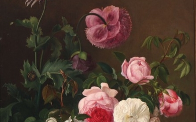 I. L. Jensen, school of, 19th century: Still life with roses and puppies. Unsigned. Oil on canvas. 55×44.5 cm.