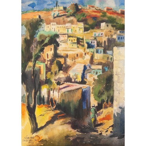 ISRAELI SCHOOL WATERCOLOUR DRAWING View of a hill village wi...