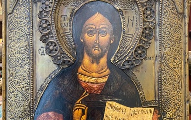 Icon, Christ Pantocrator with Oklad - Wood - Early 19th century