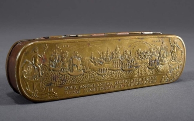 Iserlohn snuff box with relief decoration, on the front "Peace Treaties of Fontainebleau on 3rd November 1762", on the back "Conquest of Martinique by the English on 4th February 1762", Master: Johann Heinrich Hamer, brass/copper, 18th century...
