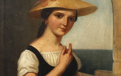 Italienne à la fenêtre jeune femme en costume italien avec chapeau de paille et panier...