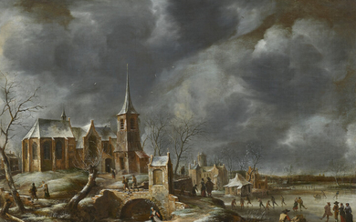 JAN ABRAHAMSZ. BEERSTRAATEN (AMSTERDAM 1622-1666) A winter landscape with figures skating and playing kolf on a frozen river before a church