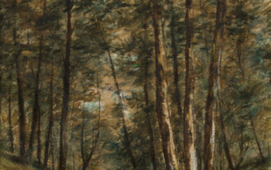 JEROME B. THOMPSON A Forest Scene with a Shepherdess on a Path by...