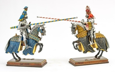 JOUSTING KNIGHTS, CARVED WOOD, POLYCHROME, LEATHER, AND