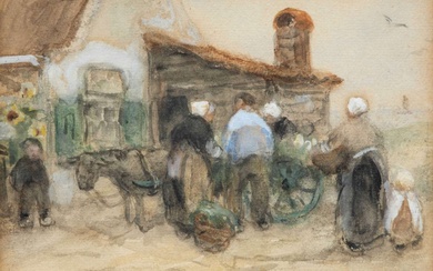 Jan Zoetelief Tromp (1872-1947) , Huisje en figuren met een ezelwagenbij huisje 'De Meelzak' in Katwijk