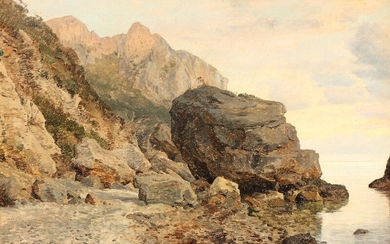 Janus la Cour: “Klippeparti. Capri”. A rocky coast on Capri. Signed and dated J. l. C. Capri 10 Septbr 1874. Oil on canvas. 44×66 cm.