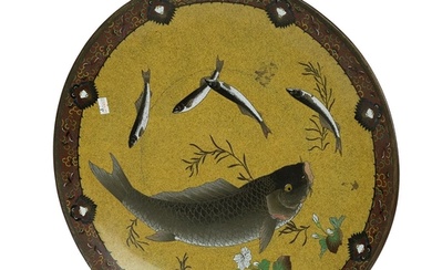 Japanese Meiji period cloisonné charger decorated with Koi c...