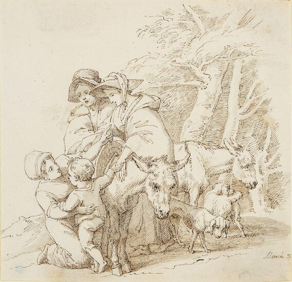 John White Abbott, British 1763-1851- Rustic family in a woodland clearing; pen and grey and black ink and grey wash on paper, dated 'March 26' (lower right), 17.5 x 18 cm., (unframed). Provenance: with Abbott and Holder, London (from part of a...