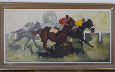 Julius van de Pol - 'First, Second, Third' (Horse racing Scene), 20th century oil on canva