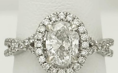 LADIES NEW 14k WHITE GOLD OVAL SOLITAIRE HALO 1 1/2ct