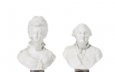 LUIGI XVI ET MARY ANTONIETTA 19e siècle Paire de bustes en biscuit sur une base...
