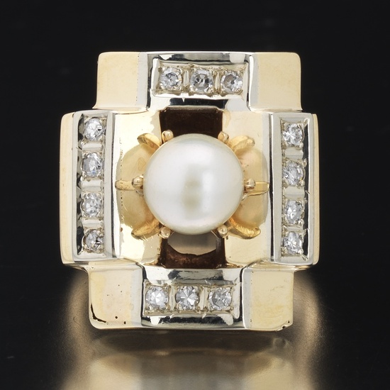 Ladies' Retro Style Gold, Diamond and Pearl Ring