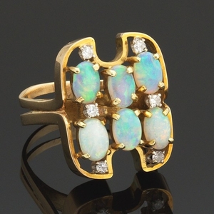 Ladies' Vintage Gold, Opal and Diamond Fashion Ring