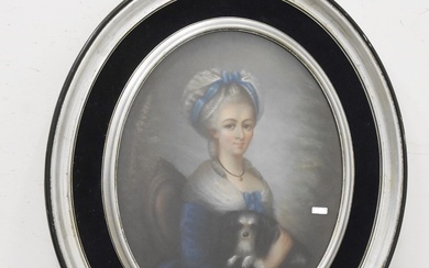 "Lady with dog", pastel, framed behind glass, ca.50x40cm, 19th century