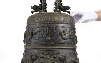 Large Chinese Bronze Bell with Stand - Marked