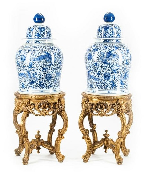 Large Decorative Pair of Chinese Porcelain Jars