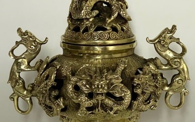 Large Gold Dueling Dragons Censer w/Old Chinese Hallmarks