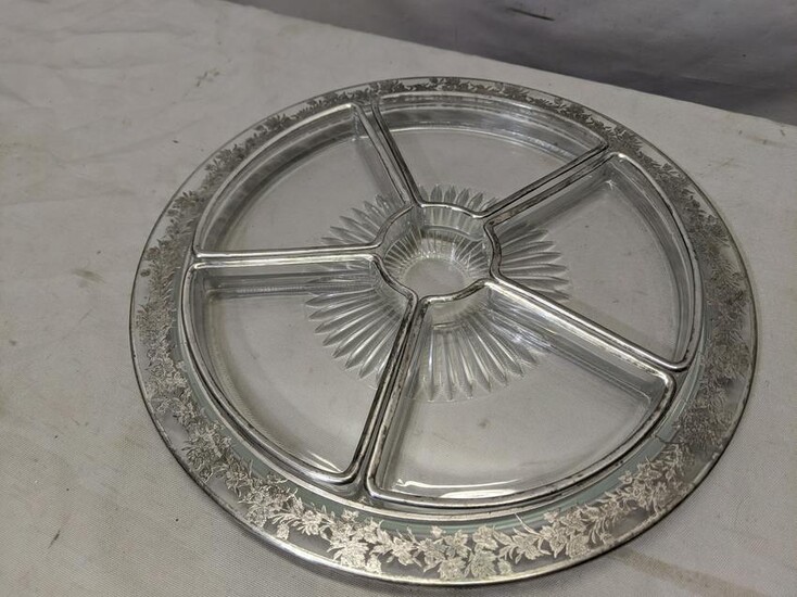 Large Round Silver Overlay on Glass Divided Serving