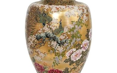 Large Satsuma Porcelain Peacock Vase