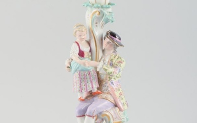 Large antique Meissen candlestick in hand-painted porcelain decorated with flowers, insects and