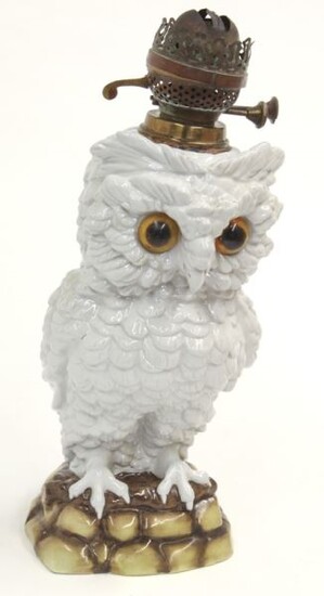 Large owl shaped majolica oil lamp