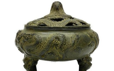 Late 19th Century Chinese Carved Bronze Swirling Dragon Incense Burner