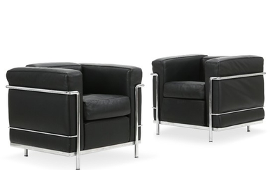 Le Corbusier: “LC 2”. A pair of easy chairs with chromed steel frame. Cushions upholstered with black leather. (2)