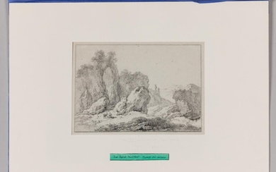 Lot 13 Jean PILLEMENT (Lyon 1728 - 1808) Paysage aux rochers Pierre noire 17,5 x 24, 5 cm Rousseurs. RM