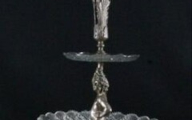 Louis Xvi Style Silvered Bronze Crystal 3 Tier Epergne