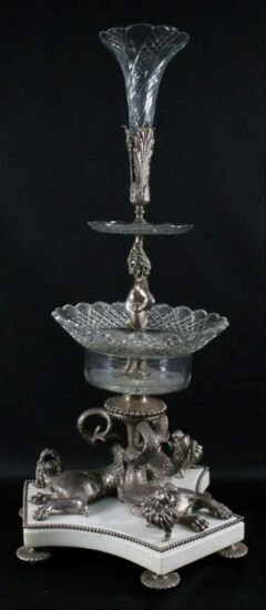 Louis Xvi Style Silvered Bronze Crystal 3 Tier Epergne