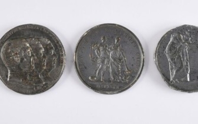 MATRICES FOR MEDALS.Set of seven pewter medal dies, representing the profiles of King Louis XVI, Queen Marie Antoinette, Madame Elizabeth, J. Baptiste Cant, Napoleon on his deathbed in St. Helena; in memory of the death of the Duc de Berry; of the...