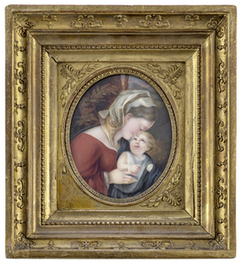 MINIATURE GOUACHE PAINTING ON IVORY. Virgin and Child. 19th century. Frame with damages.