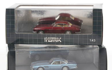 MODEL CARS, 2 pcs, metal/resin, Ghia Jaguar XK120 Supersonic, & Jaguar D-Type, Matrix Models, 1:43 scale.