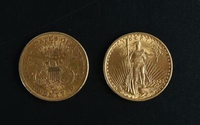 MONNAIES d'OR (2) : 20 dollars 1875 et 1922. Poids : 66,8 g Lot vendu...