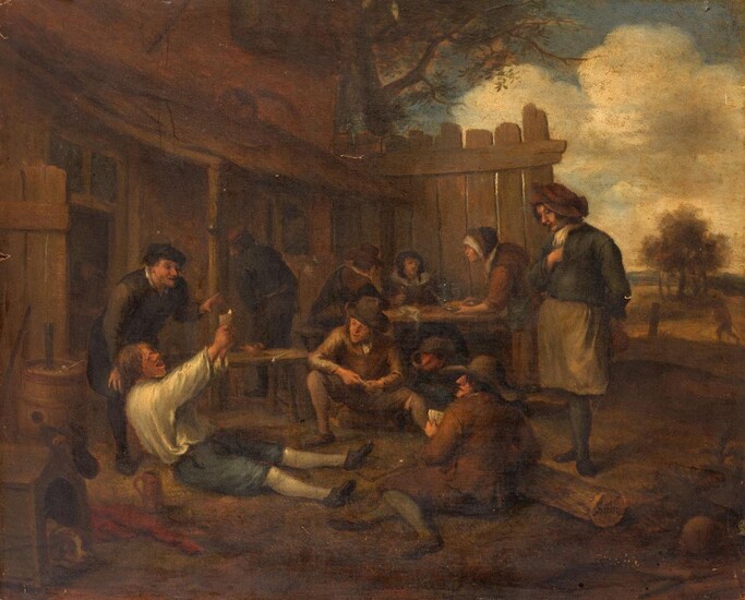 Manner of Jan Steen, early 19th century- Peasants outside a tavern; oil on panel, bears inscription 'Steen' (lower right), 40 x 49.5 cm., (unframed).