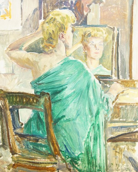 Marjorie Mostyn, British 1893-1979- The toilette; oil on board, signed and dated '56 lower right, 61 x 50.5 cm (ARR) (unframed)