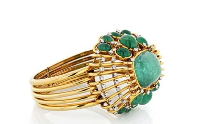 Mauboussin Vintage 18K Yellow Gold Cabochon Green Emerald Cuff Bangle Bracelet