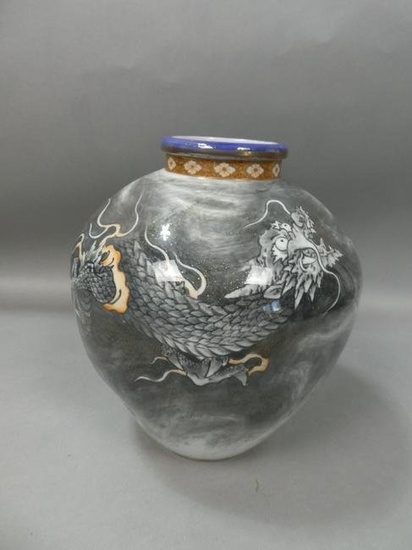 Meiji Era Fukagawa Dragon Art Pottery Vase w/ Dimples