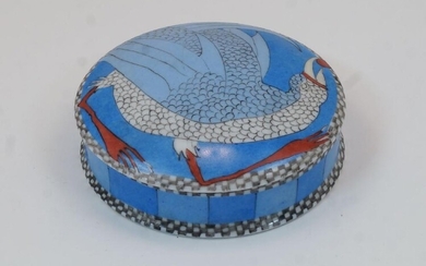 Melinda Patton for Limoges, a circular trinket box and cover, 20th century, of blue ground with decoration of a bird to the cover, with checkerboard rim to the box and cover, 11cm diameter