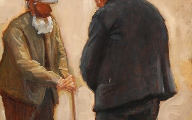Michael Ancher: Two elderly men in conversation. Signed M. A. Oil on panel. 60×40 cm.