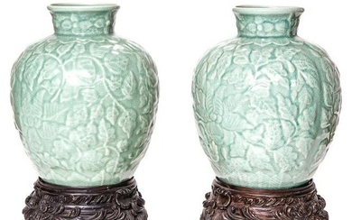 Modern Celedon Porcelain Vases, Pair, with Raised Leaf Decorations
