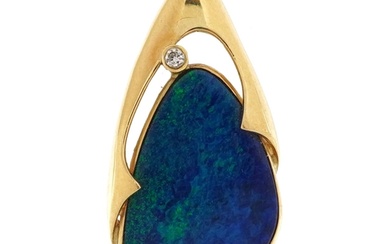 Modernist 18K gold opal and diamond pendant, 3cm high, 3.4g