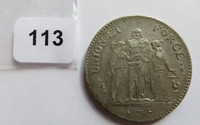 Monnaie - 5 Francs Union et Force AN 11 A Paris, Coq / Corne d'abondance ( argent, 25,08 g) TTB à + (rare variété)
