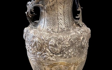 Monumental Spanish Colonial 800 Silver Repousse Two Handled Vase Decorated with a Floral & Leaf