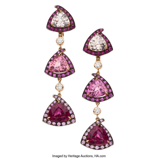 Multi-Stone, Diamond, Rose Gold Earrings The earrings features triangular...